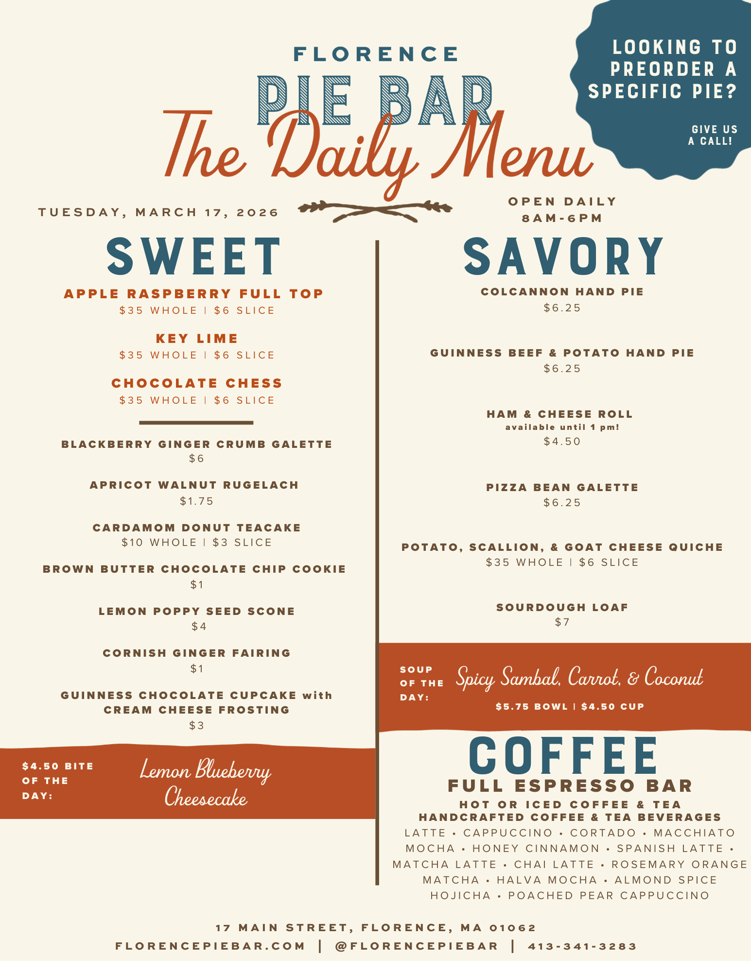Daily Menu | Order Delicious Pies Today — Florence Pie Bar