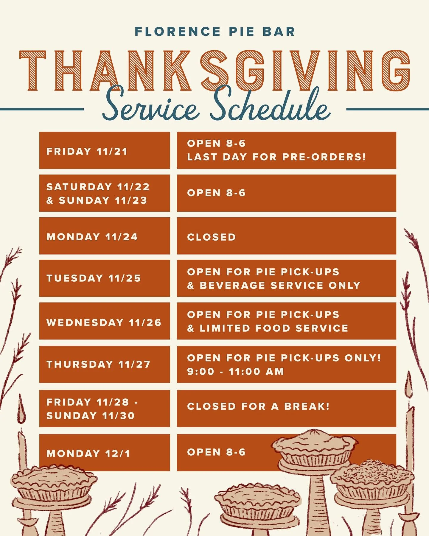 A quick guide covering the next couple of weeks over here at the Pie Bar as Thanksgiving approaches!
&bull;
Some highlights&mdash;
Friday 11/21: final day for pre orders! These will close at 6pm!
Monday 11/24: CLOSED for production and setting up for