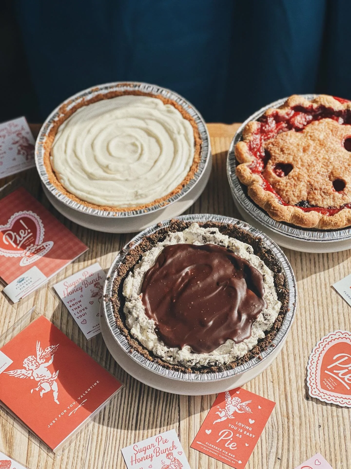 This new sweet pie line up has us smitten 😍
&bull;
Lemon silk&mdash;airy &amp; bright 
Cherry&mdash;classic &amp; tart
Cookies &amp; Cream&mdash;playful &amp; sweet
&bull;
All available for Valentine&rsquo;s Day preorders! Get them in while you can!
