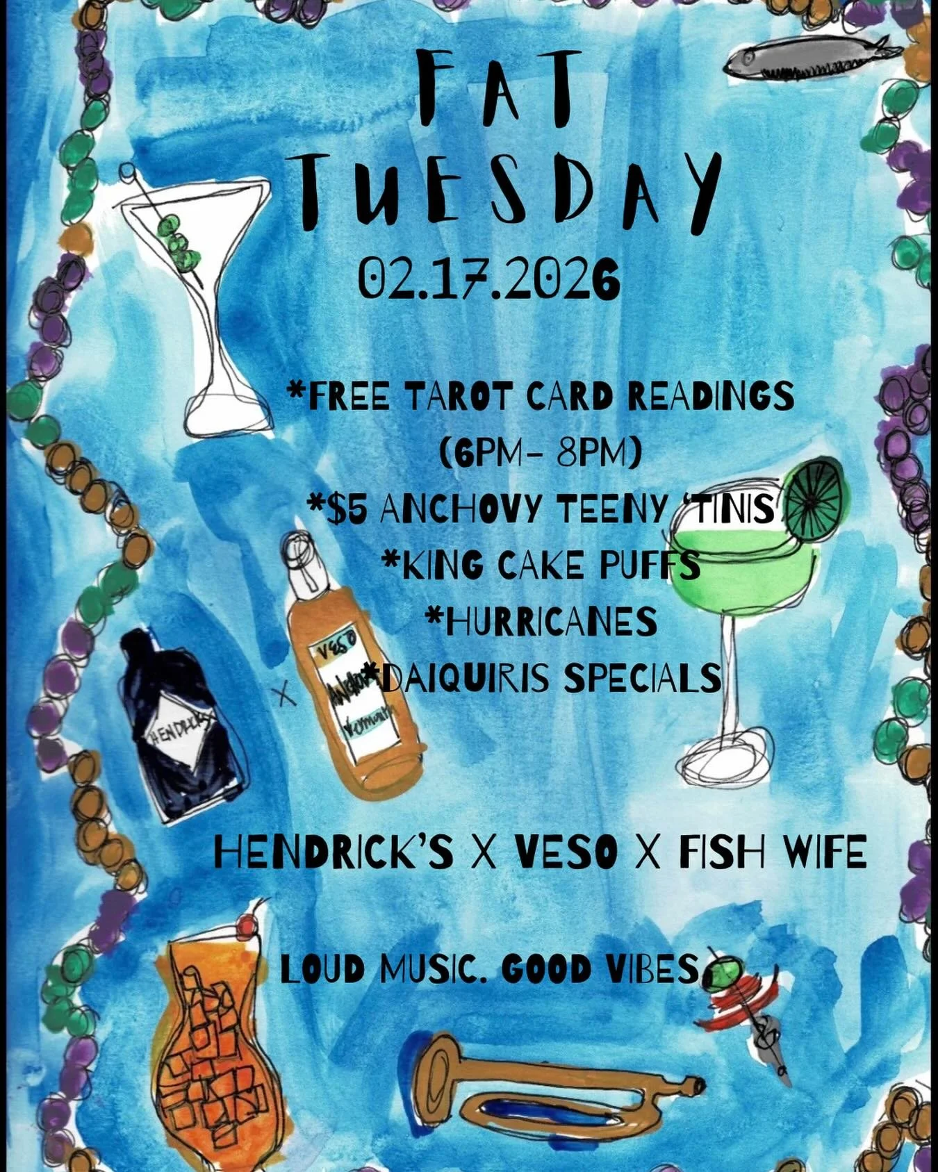 LAISSEZ LES BONS TEMPS ROULER!!

Come get rowdy with us on Fat Tuesday (2.17.26) 🦚

We are rolling out our new anchovy teeny &lsquo;tini that&rsquo;s a collaboration with @hendricksgin @drinkveso x @fishwife vermouth 🍸 🐟 🫒 

Free tarot card readi