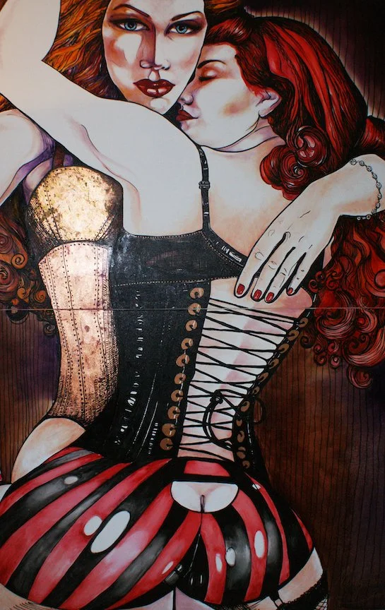 Elizabeth & Niki, 96" x 72", Oil and Gold Leaf, 2008. Original sold to Sean R. Harrison and then painted a second time and sold to Elle Beigh from Mission Control, San Francisco. *Mission Control is a Members Only Adult Play Party Space.....to be c