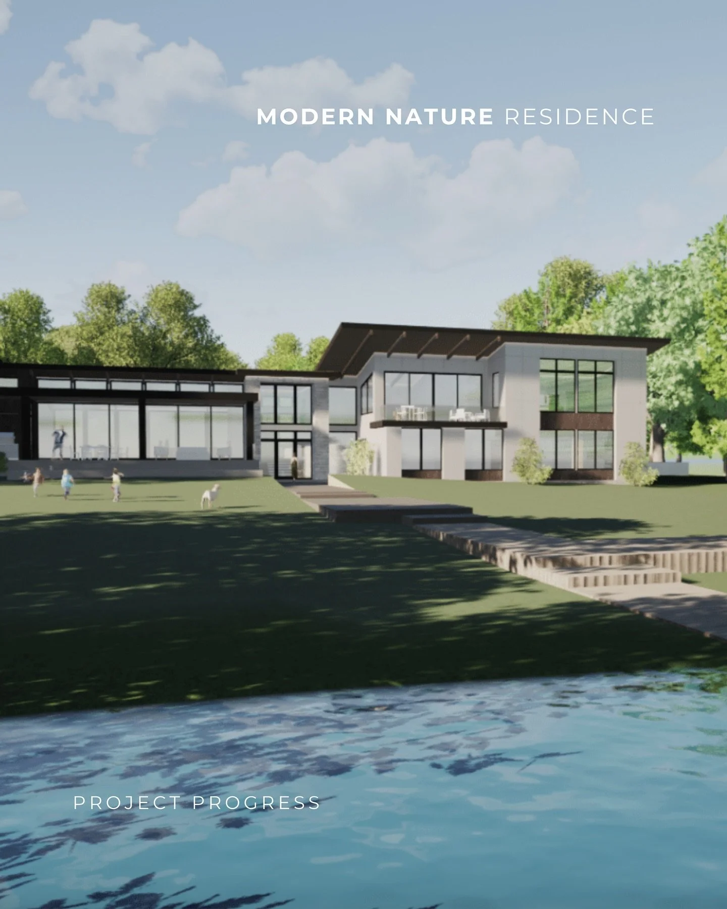 Project progress at the Modern Nature Residence— a stunning blend of contemporary design and natural beauty, set in the heart of Ohio. Surrounded by mature trees and overlooking a large, tranquil pond, this home is a peaceful retreat where mode