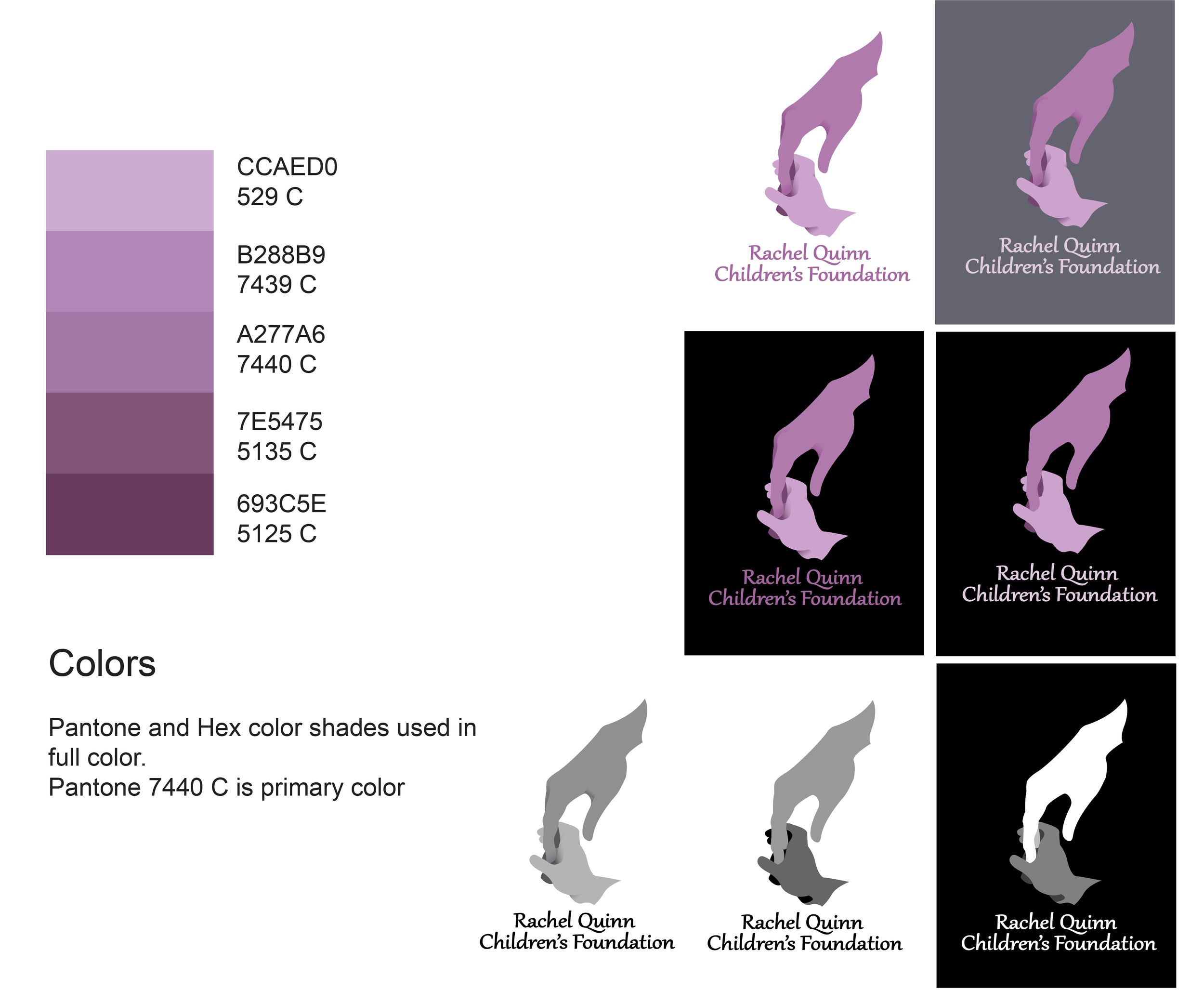 Logo spread sheet. Features the signature colors of the organization and different ways of displaying the logo with different backgrounds.   