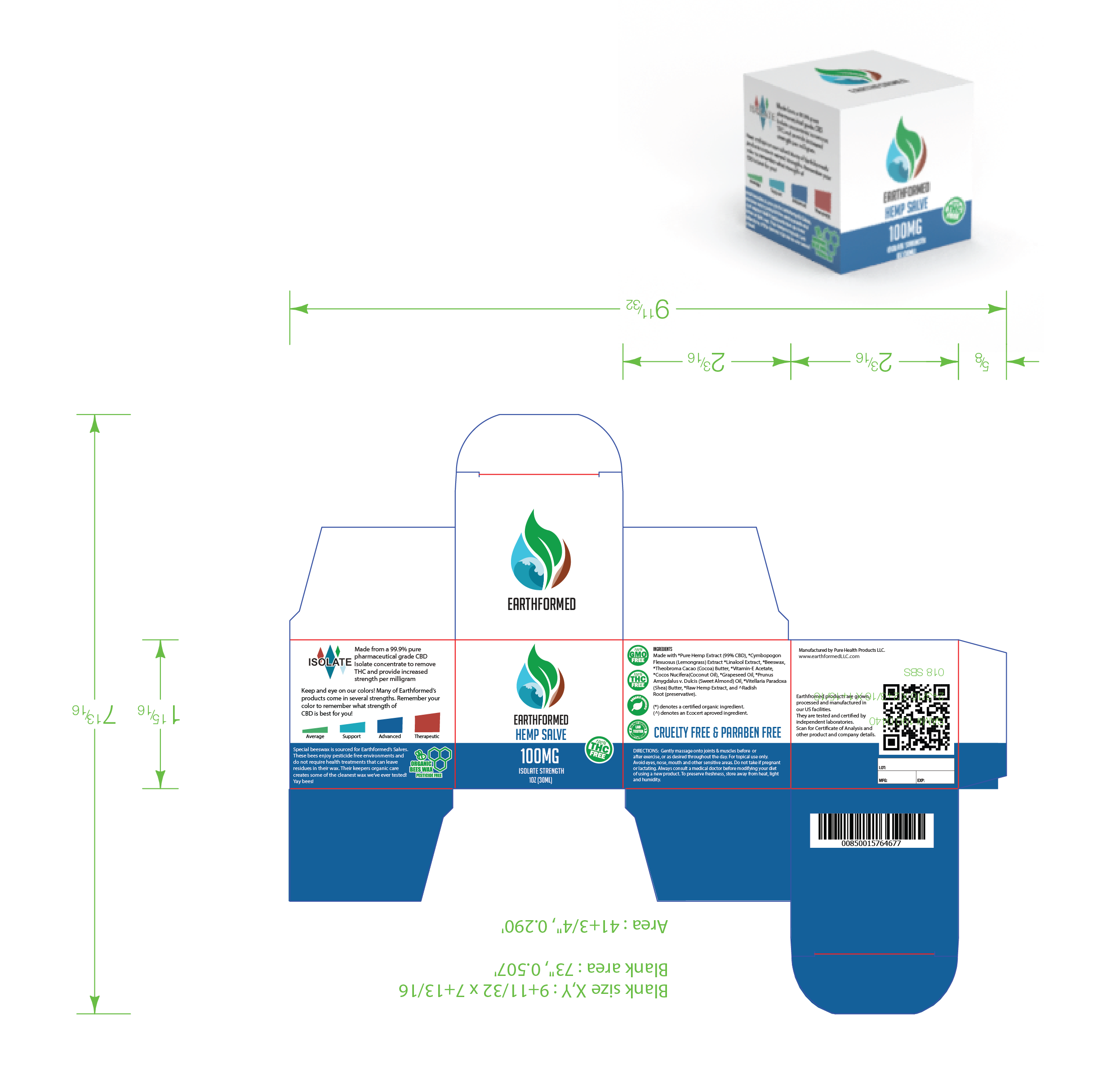 Outer box design for salve product. The company found the average shopper to lack education about hemp based products. They were concerned potential users were shying away from the product when overwhelmed with options. They were also producing a dif
