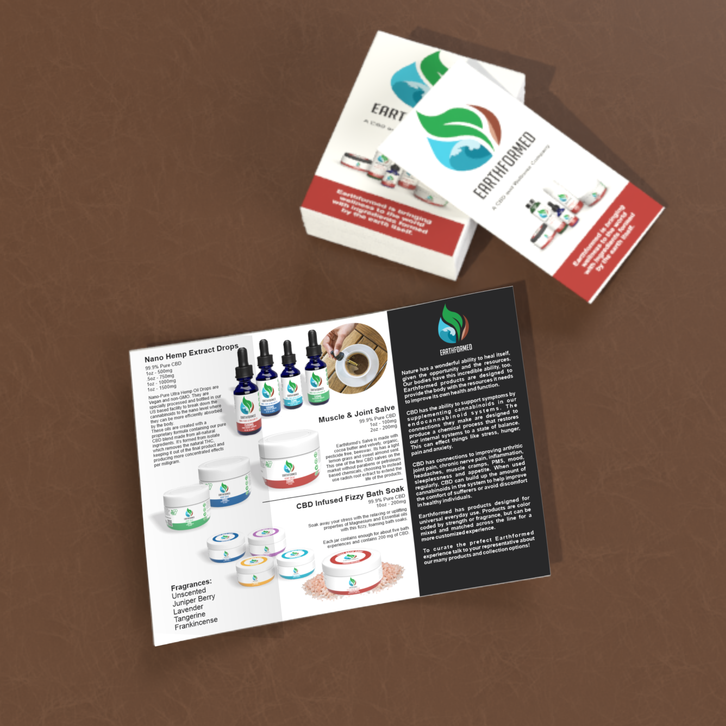 Trifold pamphlet layout. An inexpensive to produce and informative sheet used for trade shows and to equip the sales team with visuals and product details. 
