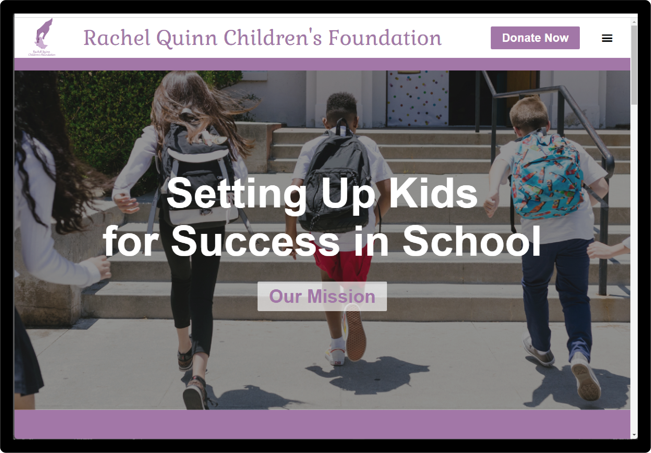 The website for RQCF features logos and signature colors for continuity. Text is large and clear for consistent legibility. Clean simple design and ease of use was the most important part to this design. 