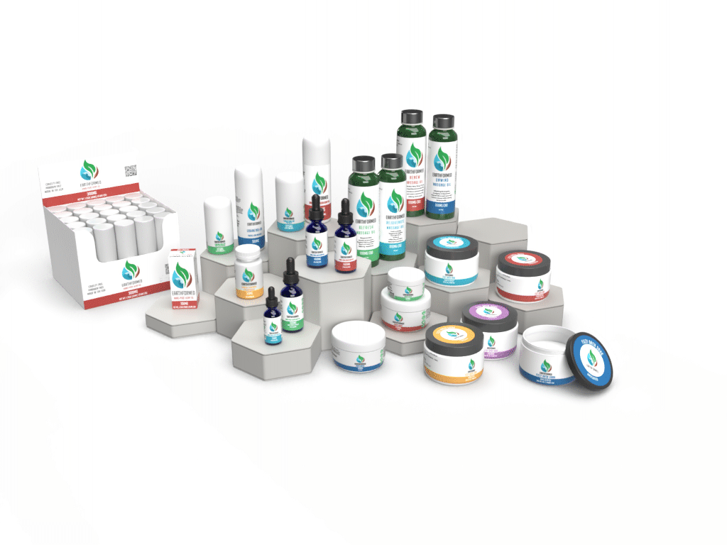 A full line product render display. This visual could be used in early marketing and helped prove the label and container designs worked together harmoniously before production began. Comparing the size, shape and colors of the products before anythi