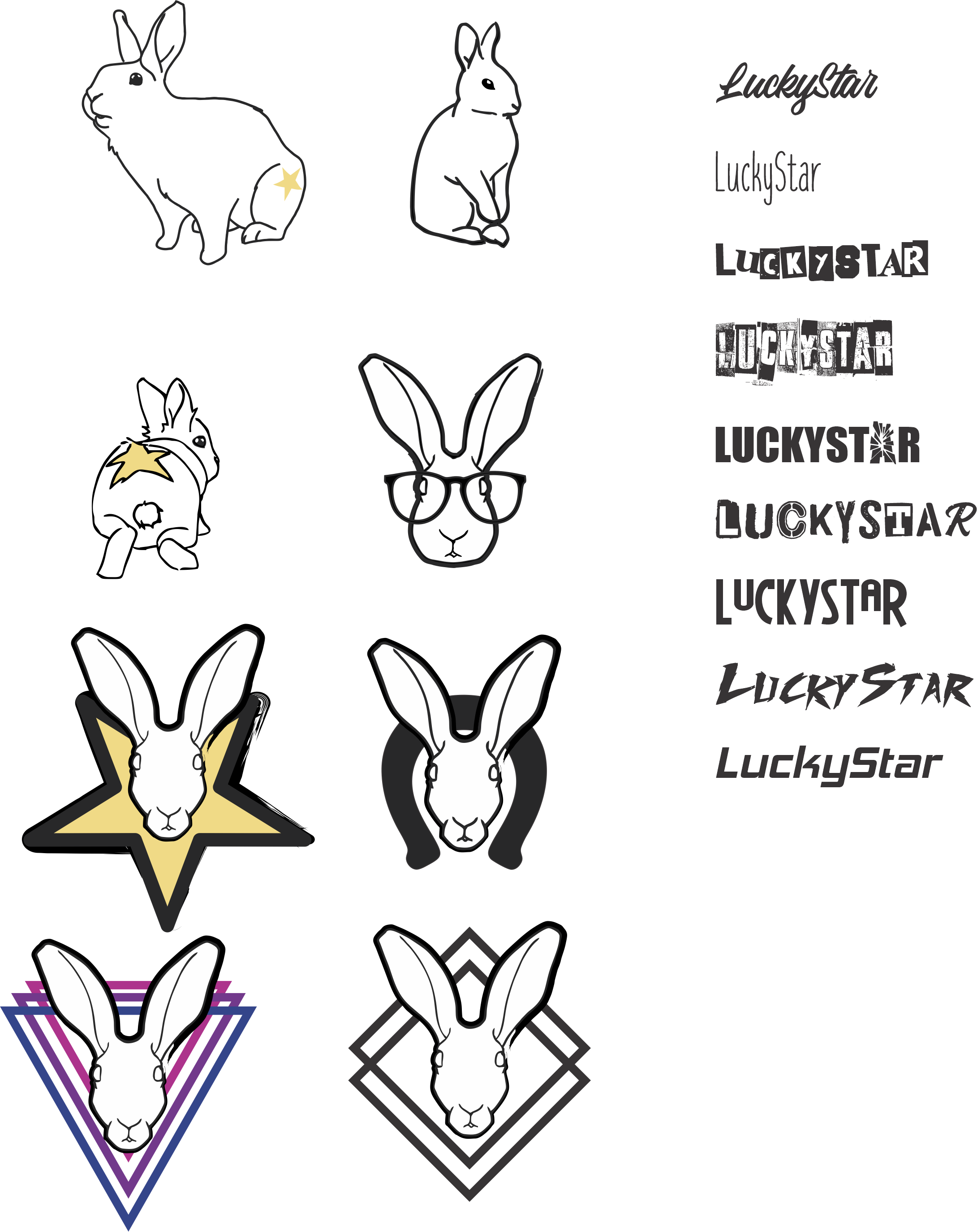 Early logo samples. As we explored what the client wanted for their branding and marketing. They considered a 'lucky' mascot that might be trendy to teens and 20 somethings. I tried to consider how the images might work on stickers and video streams 