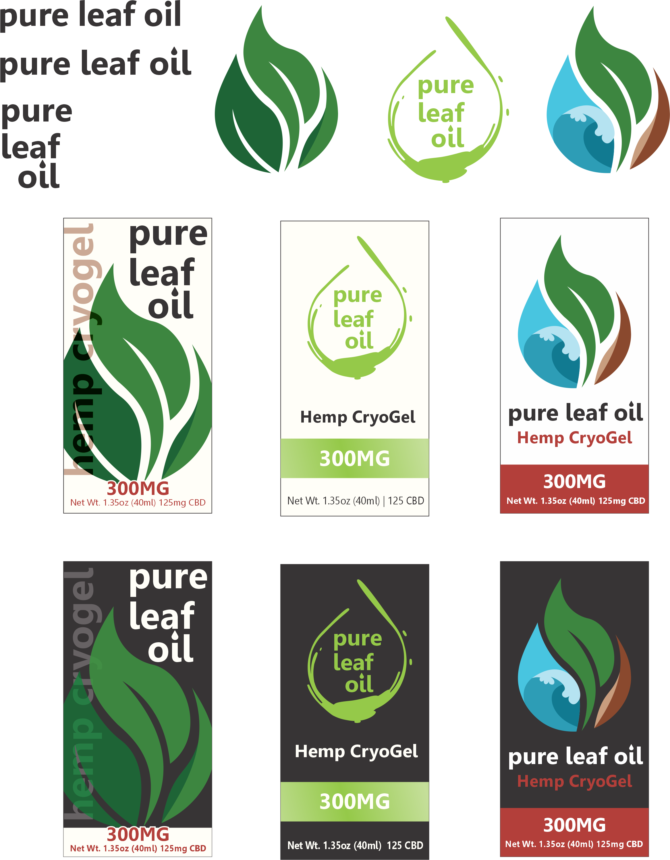 A spread of potential logos using the original name displayed with options for package design of their hero product. Soon after a copy cat website popped up and the name became a problem for the brand and we used that opportunity to pivot in the bran