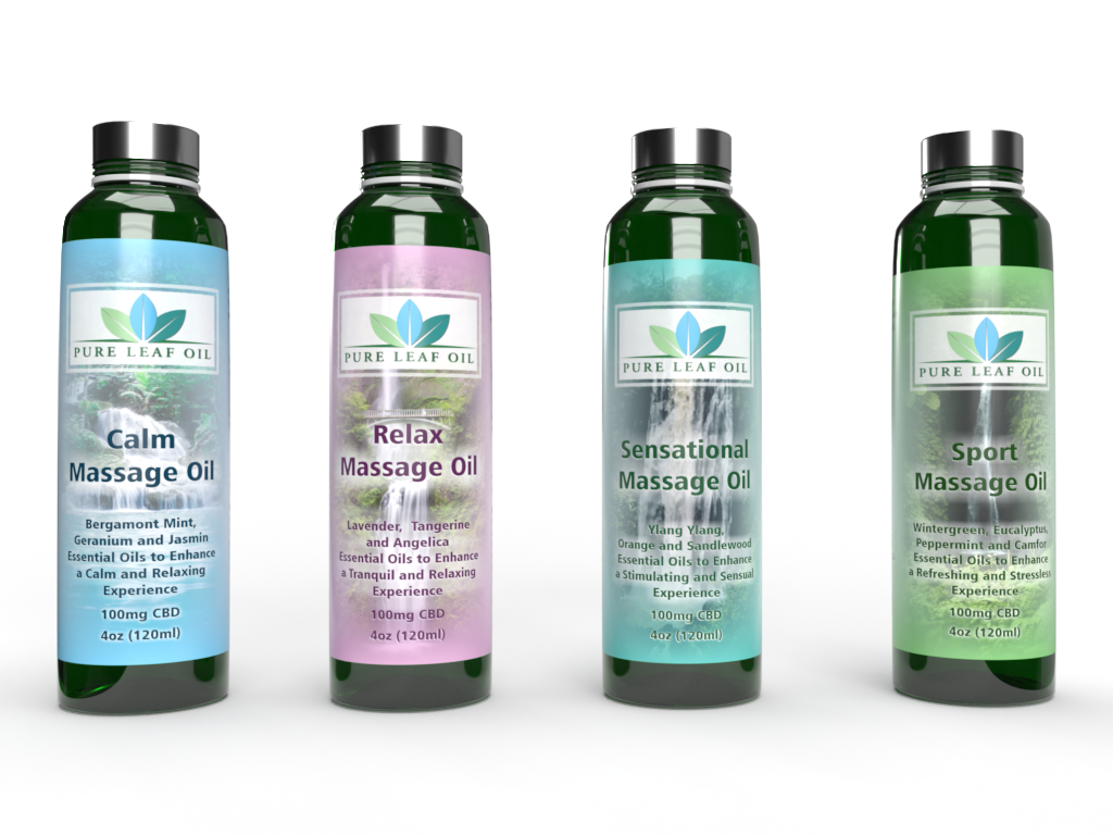 Set of collaborating massage oils featuring relaxing waterfall environments, customized to the fragrance.  