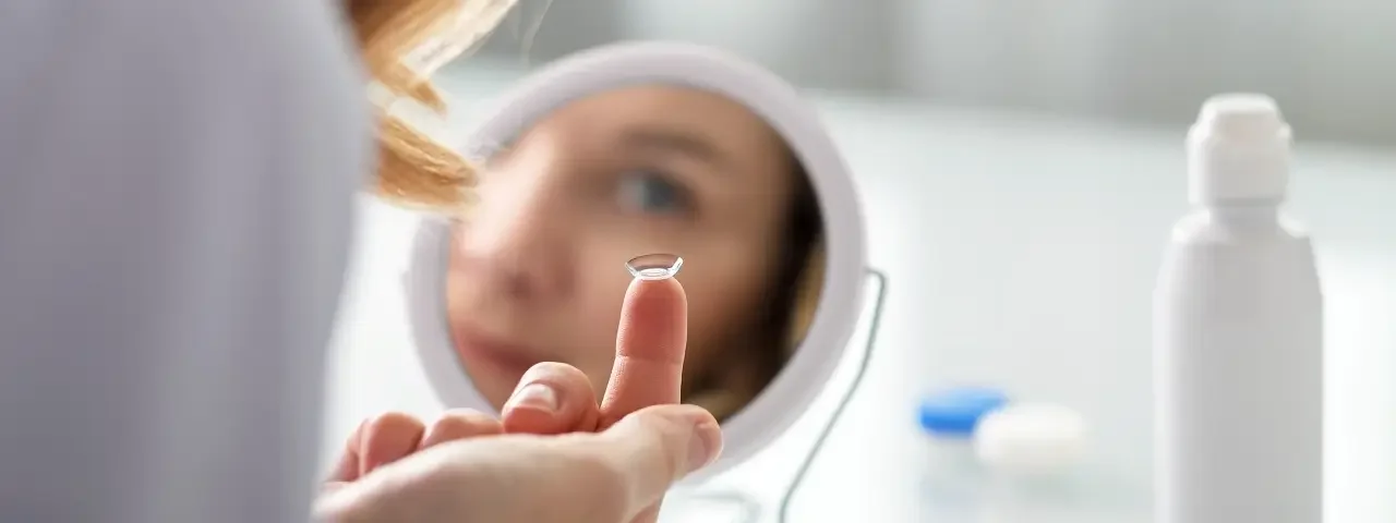 A woman looking into a small mirror while placing a contact lens on her finger, with bottles and tools for eye contact lens care in the background.