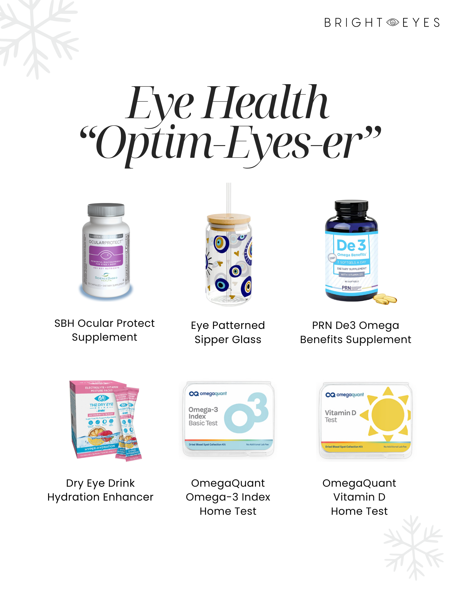 A promotional poster showcasing various eye and health supplements and tests. Items include SBH Ocular Protect supplement, eye patterned sipper glass, PRN De3 Omega Benefits supplement, dry eye drink hydration enhancer, OmegaQuant Omega-3 index home test, and OmegaQuant Vitamin D home test.
