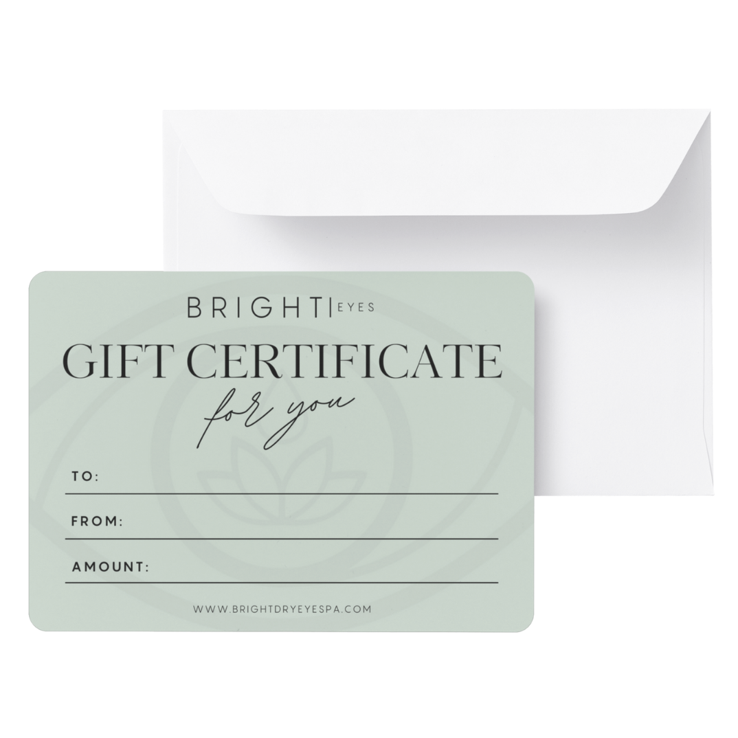 A gift certificate for Bright Eyes Spa with blank fields for recipient, sender, and amount, placed in an open white envelope.