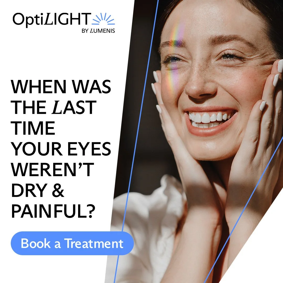 A smiling woman with a rainbow reflection on her face, touching her cheeks, next to text about eye dryness and a button for booking an eye treatment.