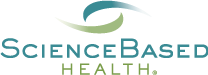Logo for Science Based Health with a stylized leaf or swoosh above the text