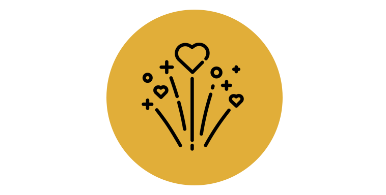 Gold circle with black line art illustration of fireworks with hearts and stars.