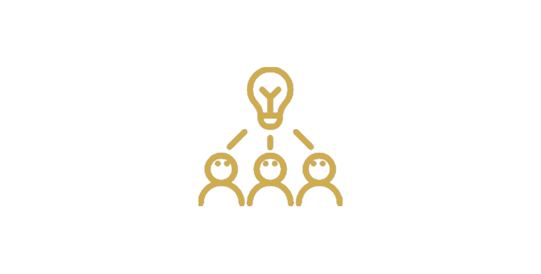 Icon of three people connected to a lightbulb above them, representing teamwork or ideas.