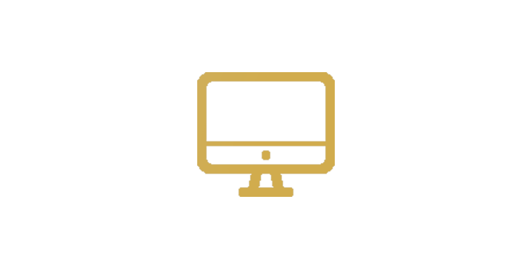 Icon of a computer monitor with a gold outline on a light background.