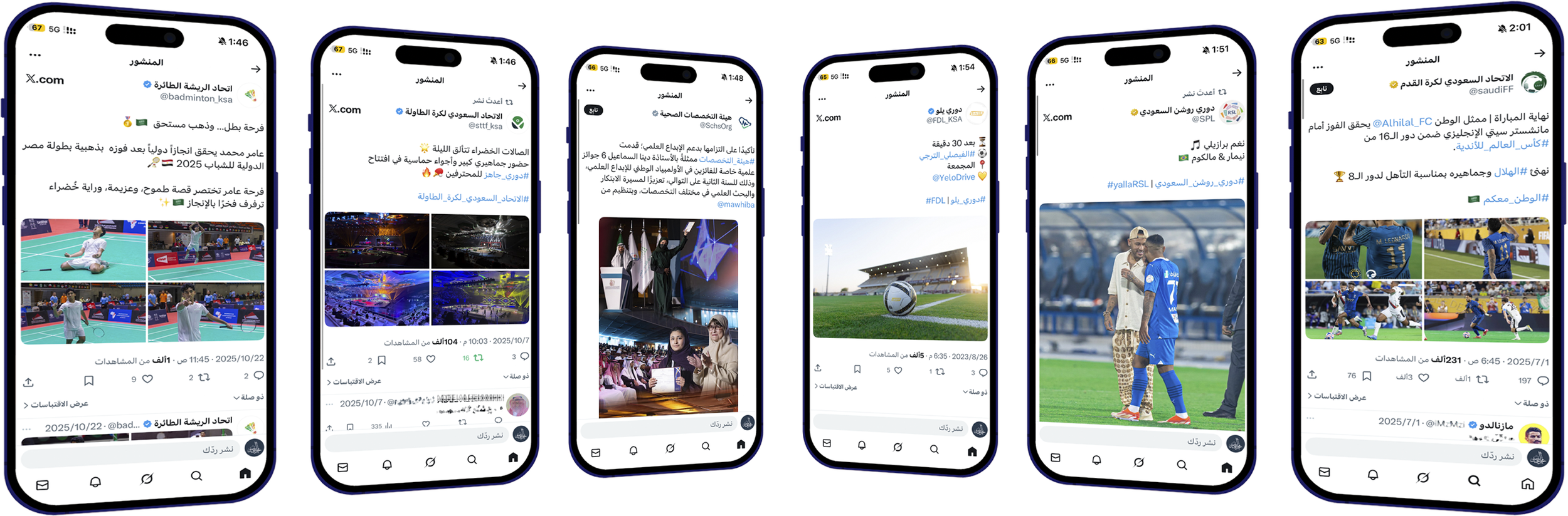 Screenshots of a Twitter feed on multiple smartphones displaying various sports-related posts, including badminton, football, and sports events.