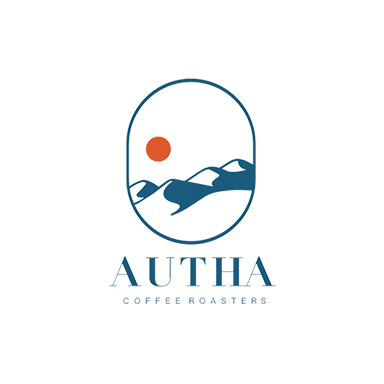 Logo for Autha Coffee Roasters featuring a stylized mountain landscape with the sun and the company name underneath.
