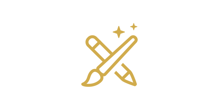 A minimalist gold icon of a paintbrush and a pencil crossed over a black background with sparkles above them.