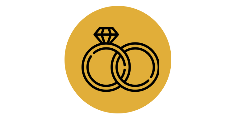 Icon of a diamond engagement ring intertwined with a wedding band on a gold circular background.