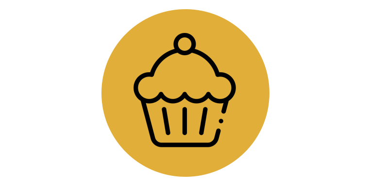 Icon of a cupcake with frosting and a cherry on top inside a gold circle.