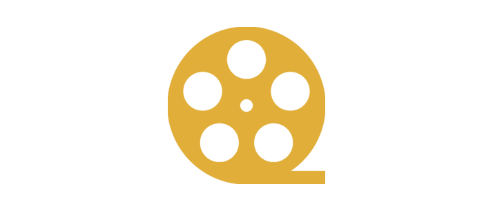Gold and black film reel icon with the word 'Cinema'