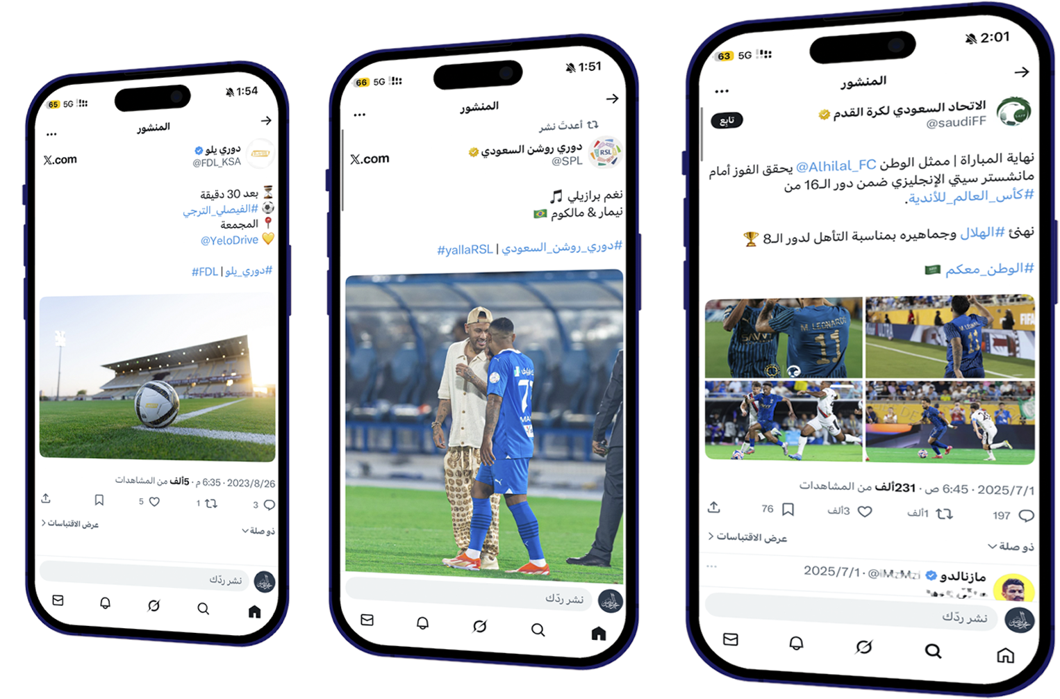 Three smartphones displaying Twitter posts related to a football match, with images of players, a football stadium, and collage of football game moments.