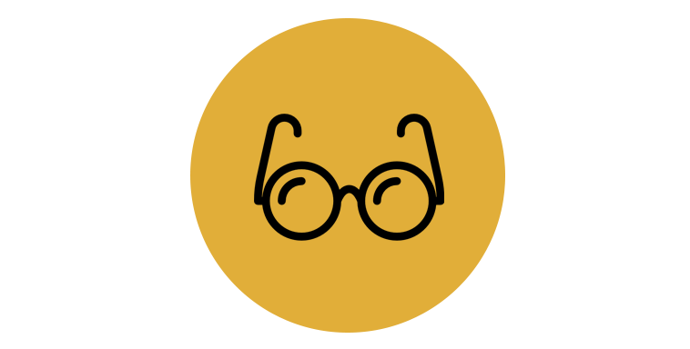 A pair of black glasses with round lenses. The glasses are inside a gold circular background.
