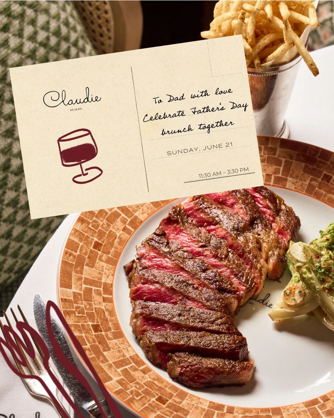 A table for family, good food, and the ones who matter most. Celebrate Father&rsquo;s Day Brunch at CLAUDIE with your loved ones on Sunday, June 21 from 11:30 AM&ndash;3:30 PM. Reserve now ✨