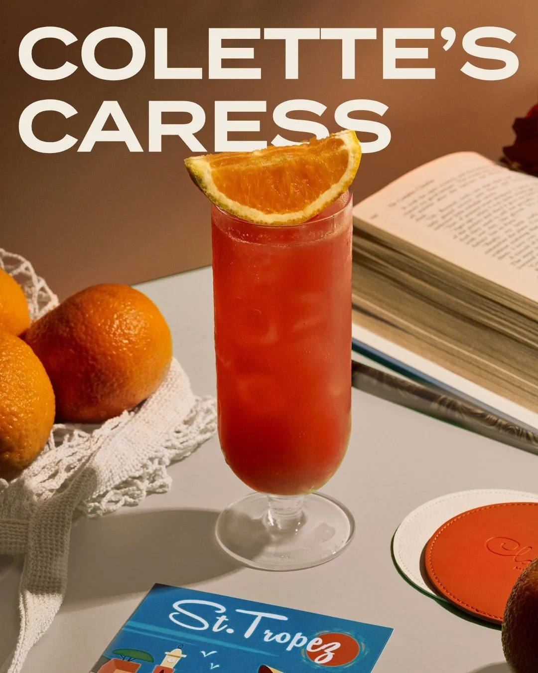 Inspired by the softer side of Saint-Tropez, Colette&rsquo;s Caress blends saffron, mandarin, blood orange, and soda into a delicate, refreshing escape to the French Riviera.