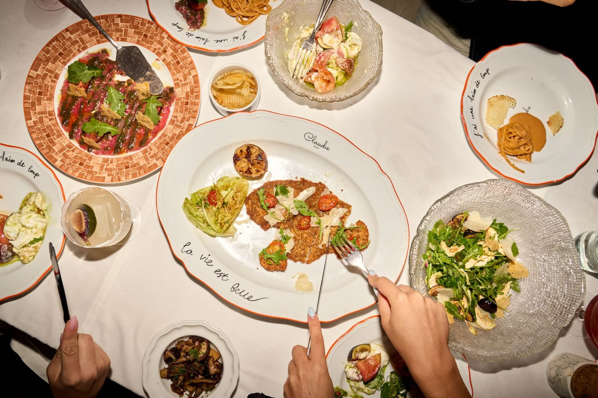 A table with various plates of food, including salad, pasta, and meat, with hands pointing or holding plates.