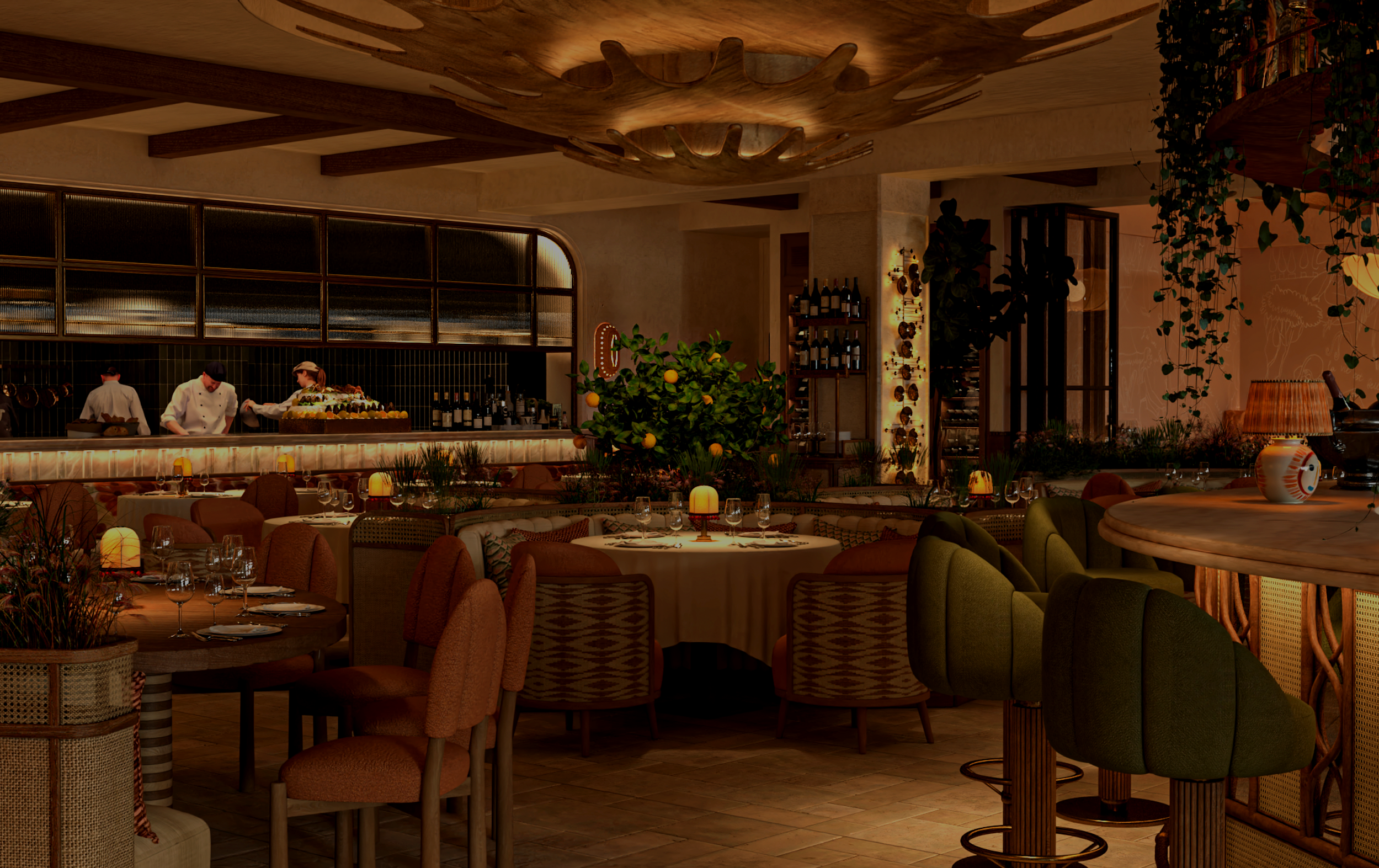 CLAUDIE's elegant dining room with booth tables, bar stools and a fruit tree in the center.