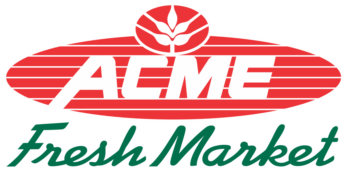 The logo of ACME Fresh Market featuring a red oval with white lines, a red flower emblem above the name, and green cursive text that reads 'Fresh Market'.