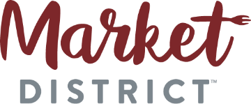 Logo for Market District with the words 'Market' in red cursive and 'District' in gray uppercase letters.