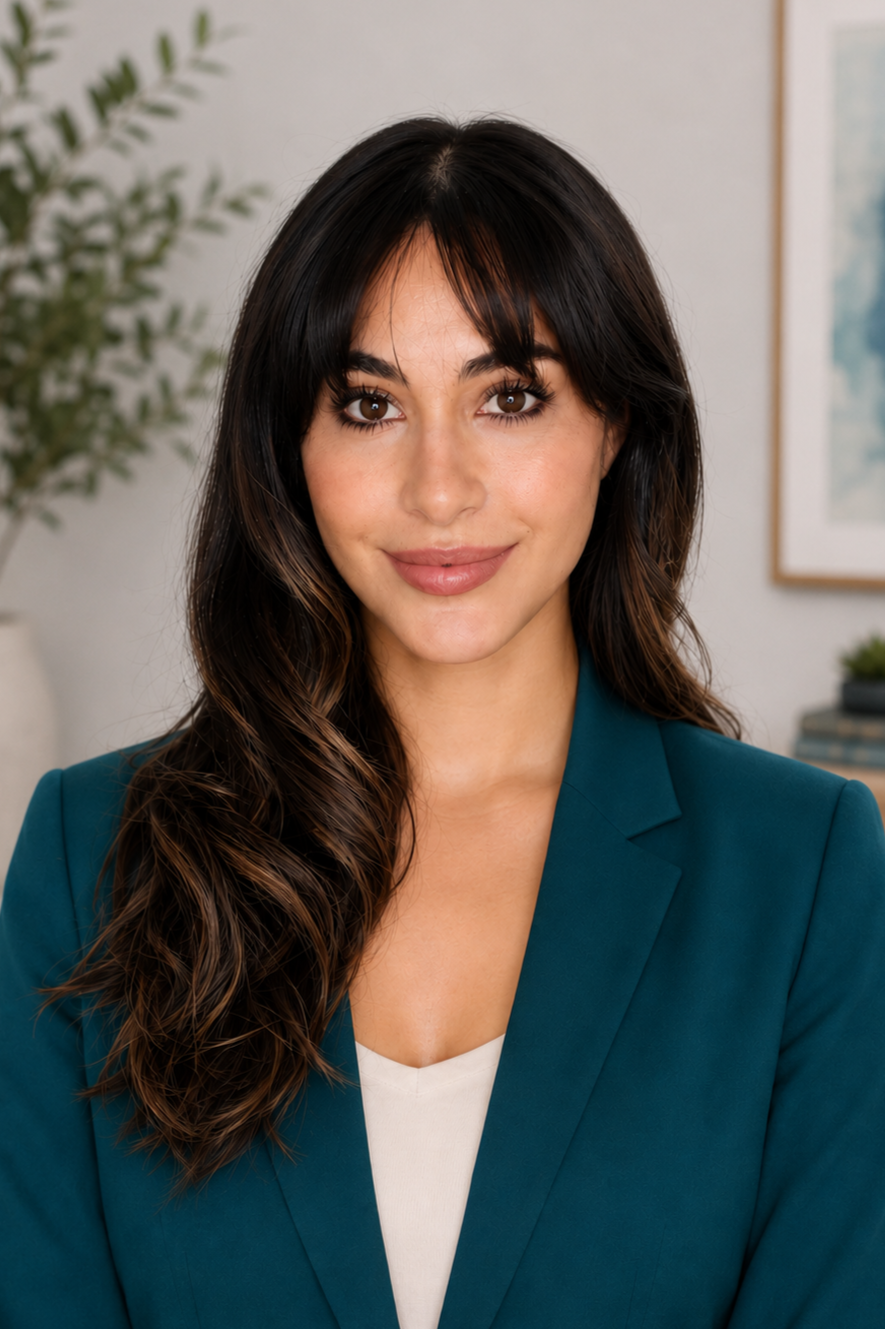 Patricia Perez smiling gently in a teal blazer, photographed indoors with a plant and framed artwork in the background | Blue Lotus Telepsychiatry Services, Inc.
