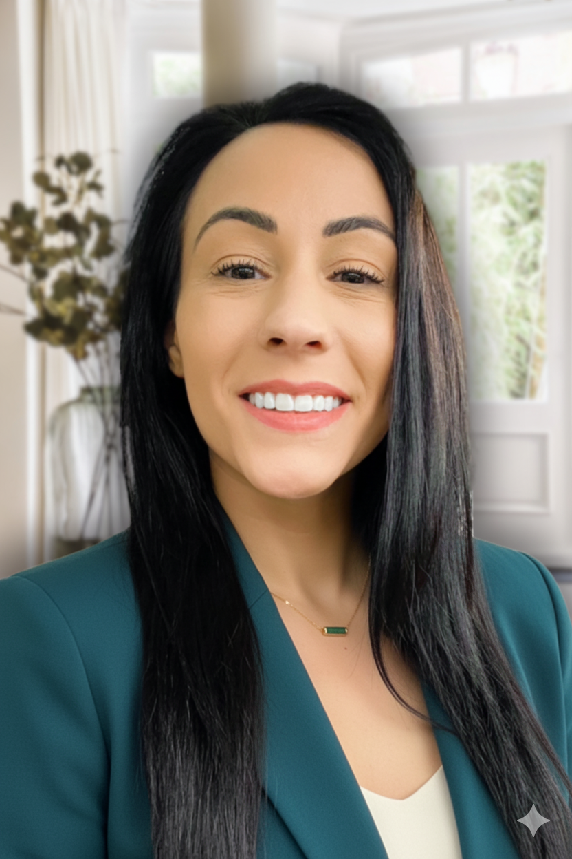 Anne Elise Pugliese smiling in a teal blazer, standing in front of a bright window with sheer curtains and a potted plant | Blue Lotus Telepsychiatry Services, Inc.