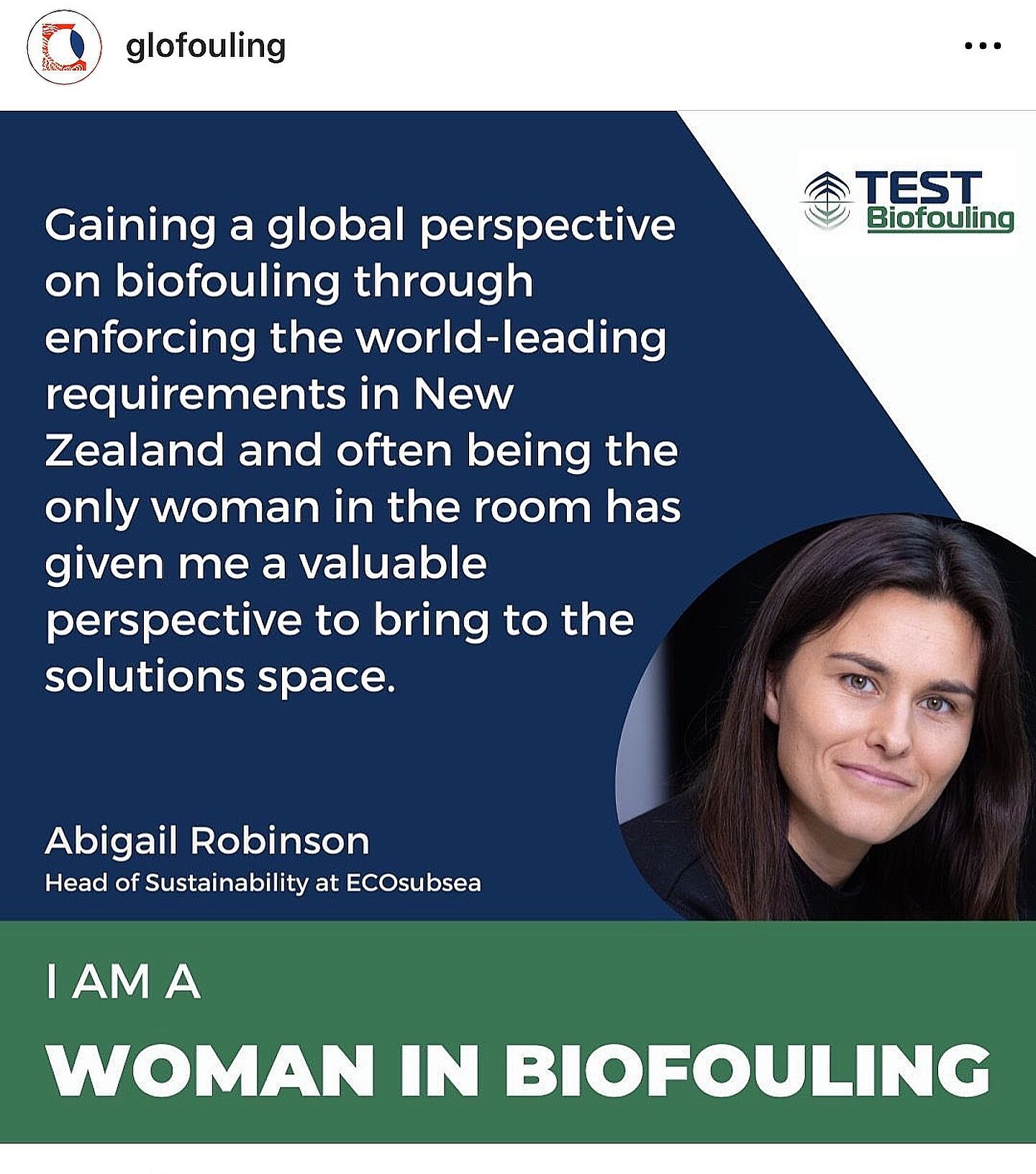 IMO-NORAD TEST Biofouling project promoting #womeninbiofouling . Abigail is member of GIA (Global Industry Alliance for Marine Biosafety and ECOsubsea&rsquo;s Head of Sustainability - addressing biofouling perspectives and solutions with a unique ins