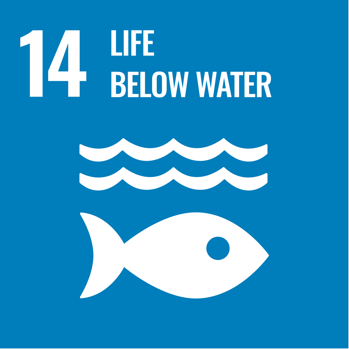 Blue infographic indicating sustainable development goal 14: Life Below Water, symbolized by a fish and waves.