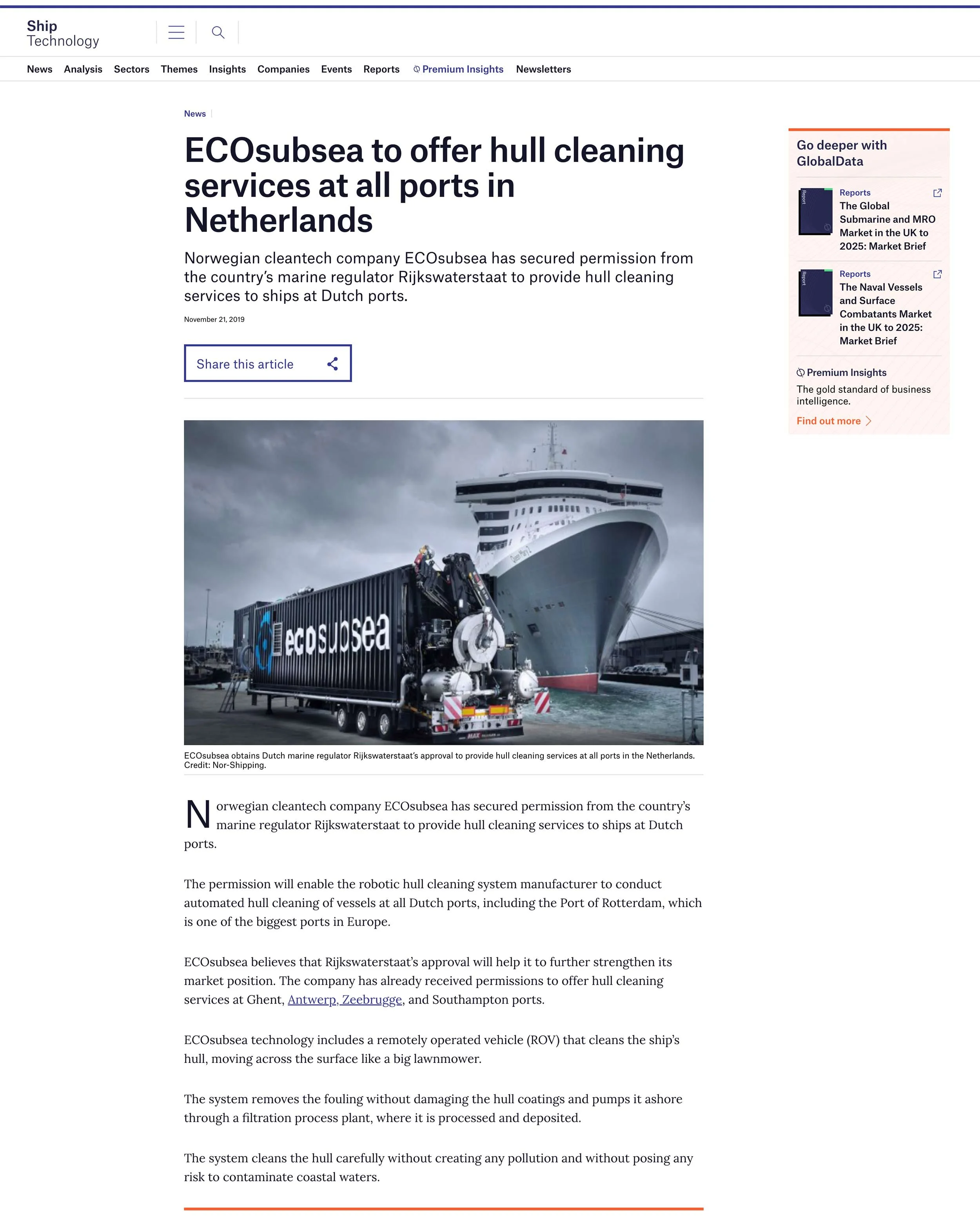 Webpage article titled 'EOscubsea to offer hull cleaning services at all ports in Netherlands' with an image of a large cruise ship in harbor and a robotic hull cleaning system in the foreground.