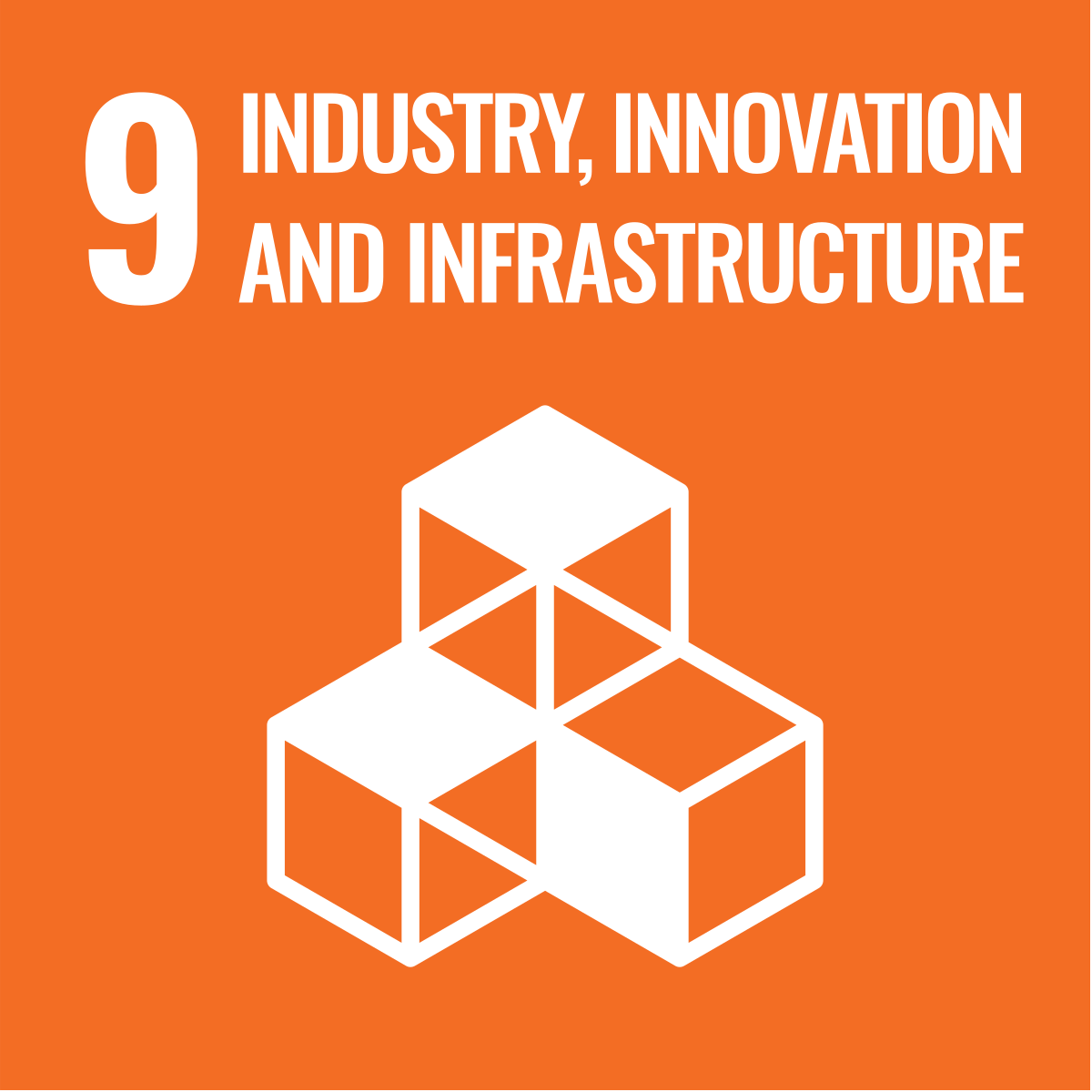 SDG 9: Industry, Innovation, and Infrastructure icon with white geometric shapes on an orange background.