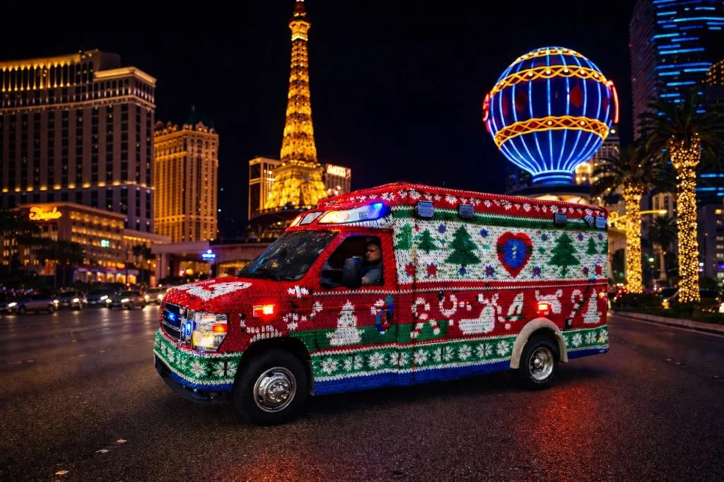 When National Ugly Sweater Day sneaks up on you&hellip;
&hellip;and the ambulance commits. 🧶
.
.
#uglysweaterparty @paramedics_on_facebook @ems_universe @redskyemergencyvehicles @demers_ambulances @emtlife @lasvegasems