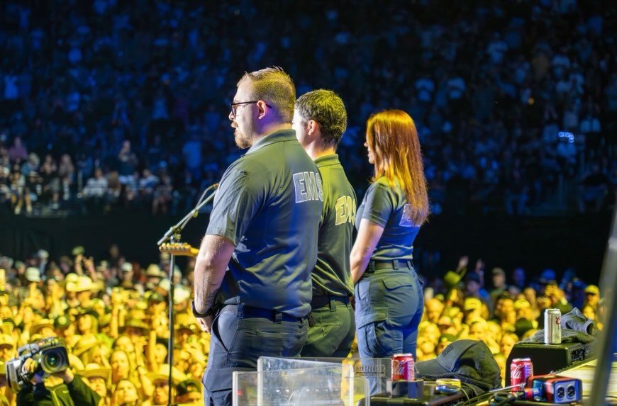 A pretty special moment last Friday night at @allegiantstadium 

During their performance of Only in America, @brooksanddunn invited three of our own on stage to represent EMS in front of a packed stadium before Morgan Wallen took the stage.
.
.
@ems
