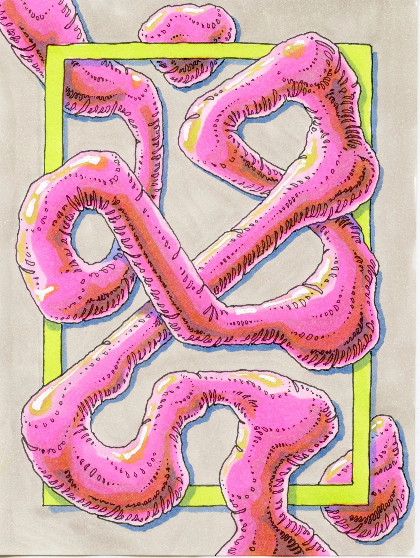 Pink flux, 4.5x6" pen & ink on paper, 2025