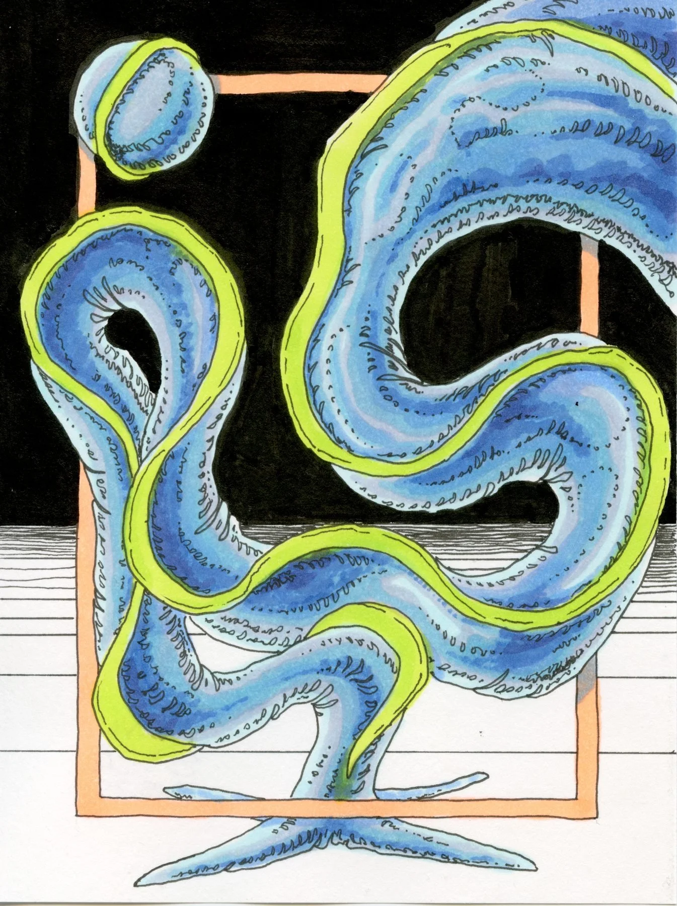 Dorsal Flux, 4.5x6" pen & ink on paper, 2025