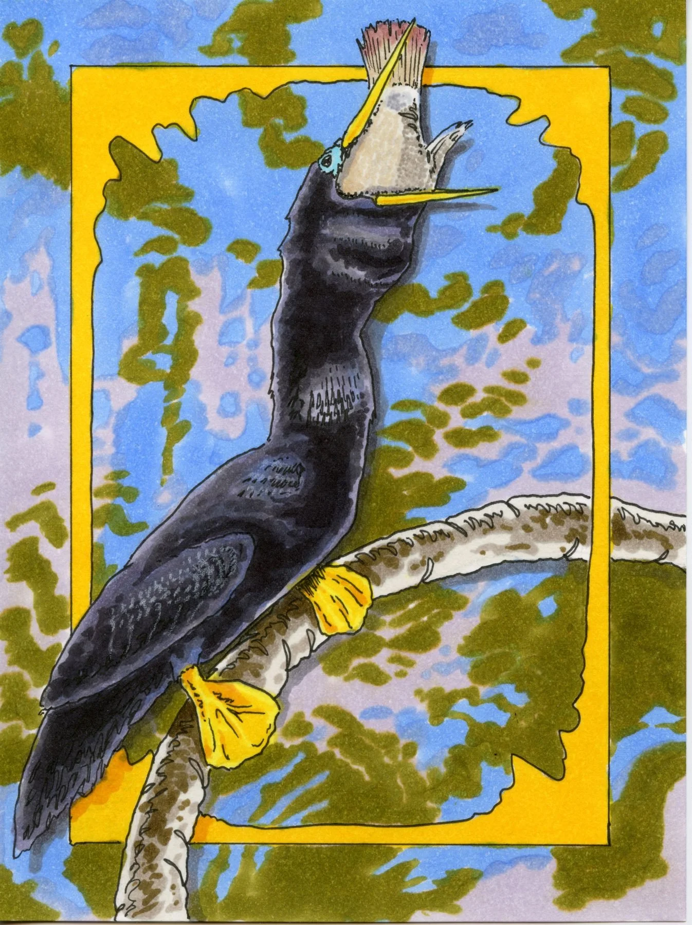 Anhinga, 4.5x6" pen & ink on paper, 2025