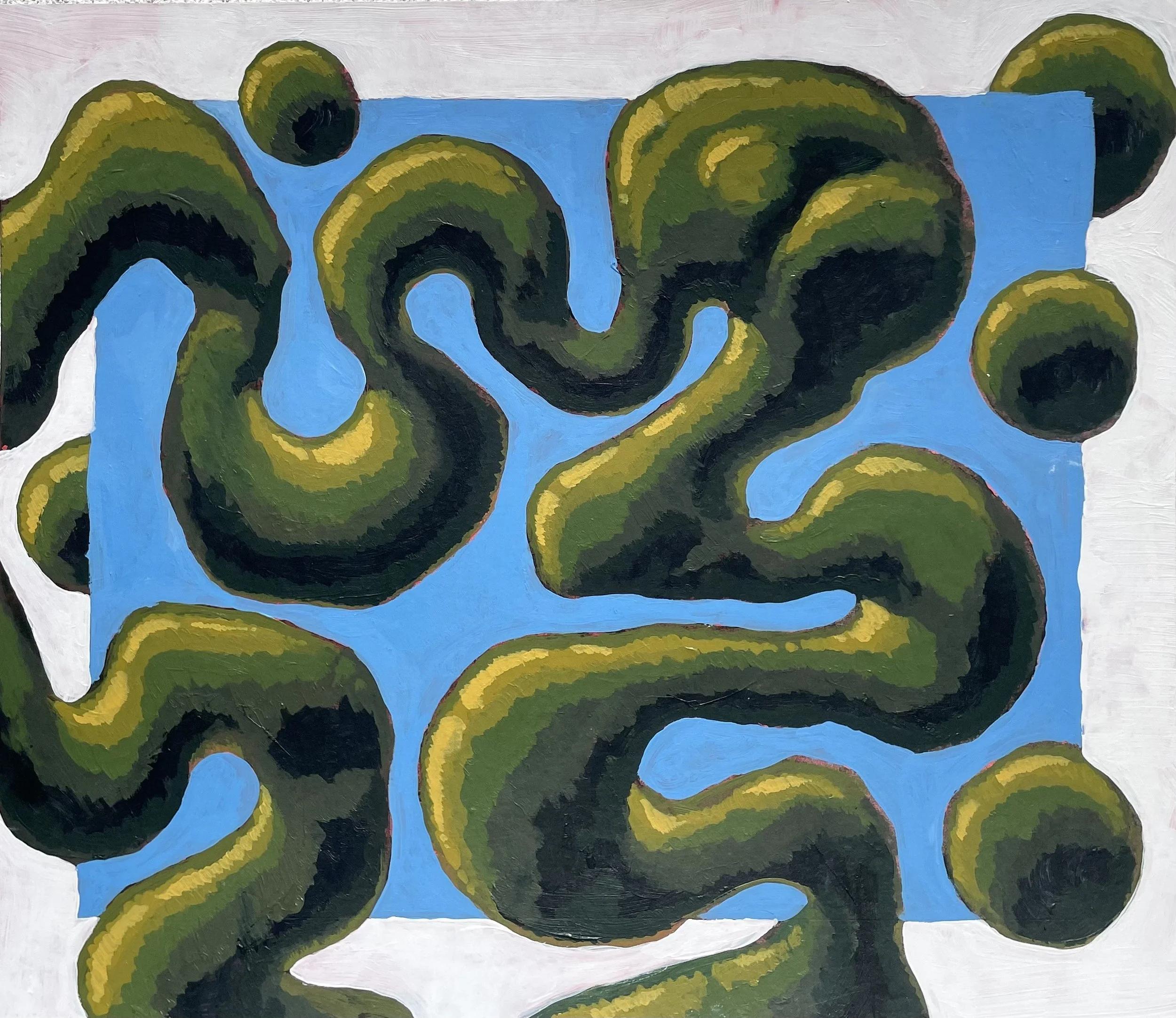 Squiggle, 13x16'' Acrylic on cardboard. 
April 2024
