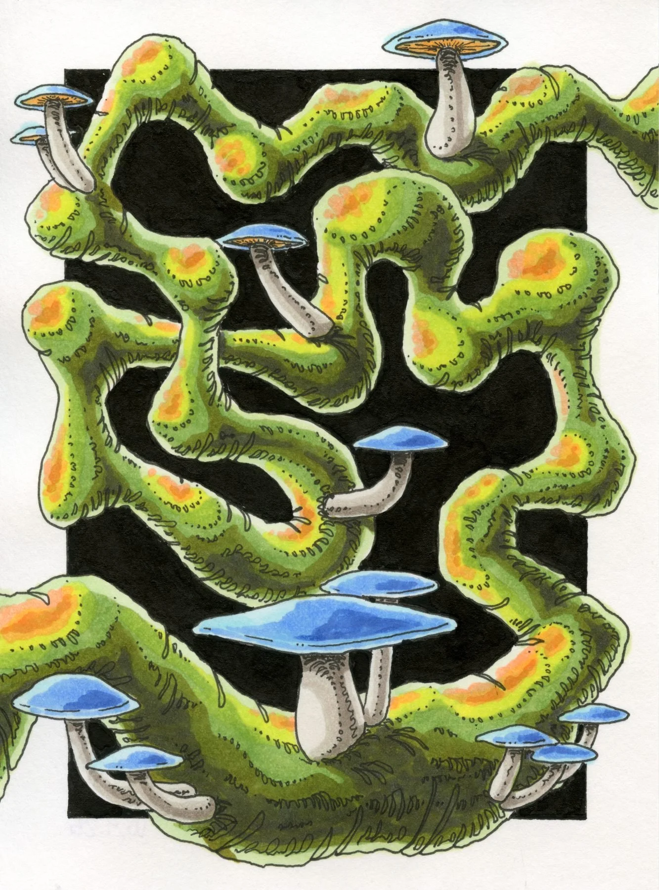 Fungal Flux, 4.5x6" pen & ink on paper, 2025