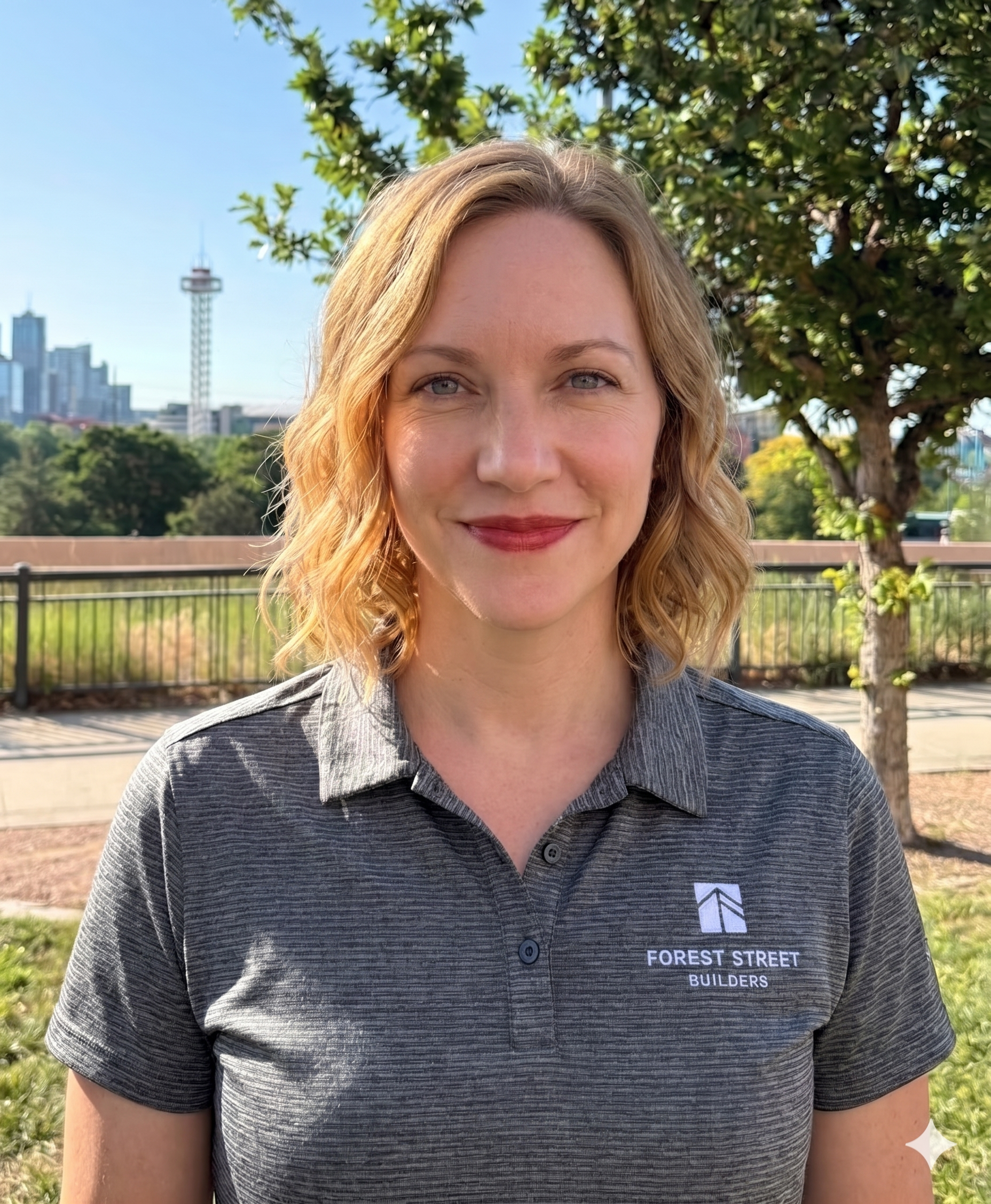 A women with light hair wearing red lipstick in a Forest St shirt